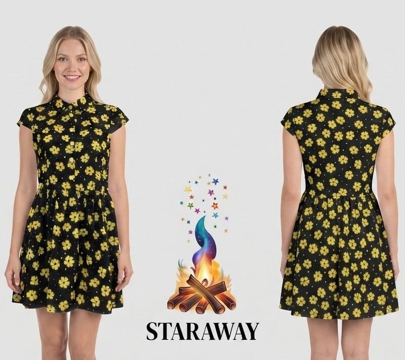 BLACK & YELLOW FLORAL PRINT A-LINE DRESS - SIZE X-SMALL