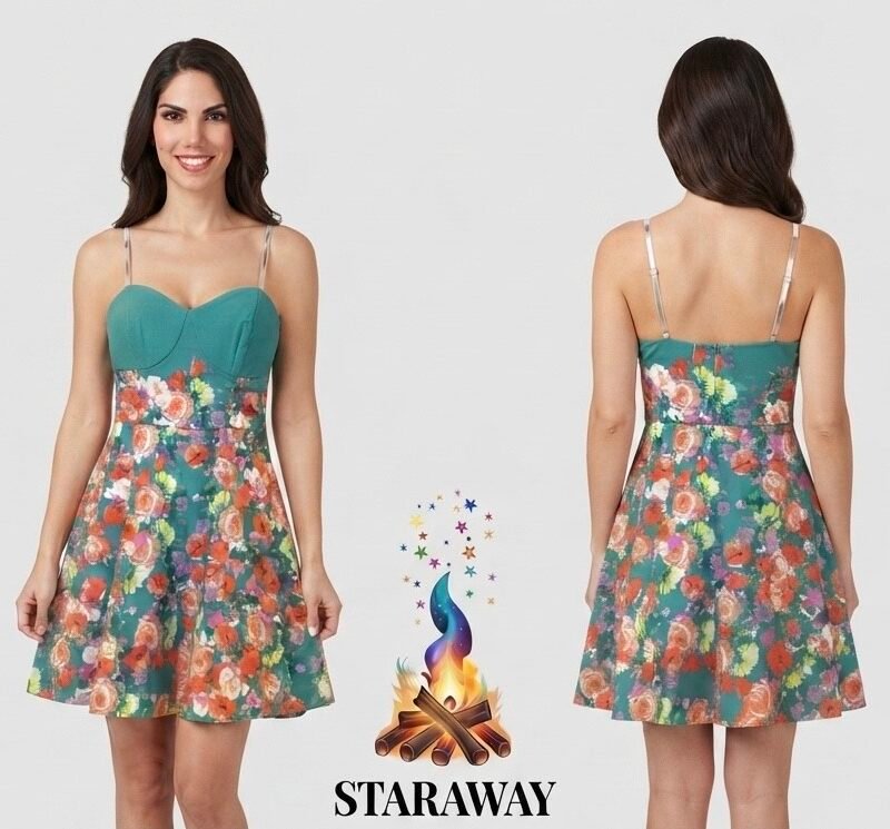 TEAL FLORAL FIT - AND - FLARE DRESS - SIZE SMALL