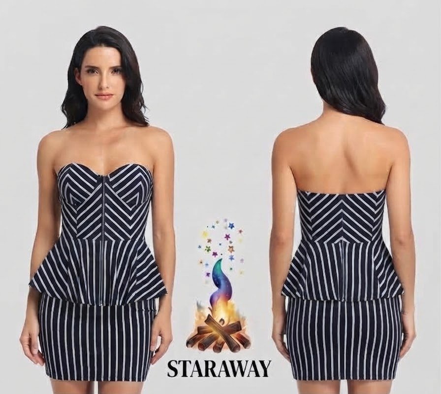 BLACK AND WHITE STRIPED BUSTER PEPLUM DRESS - SIZE SMALL