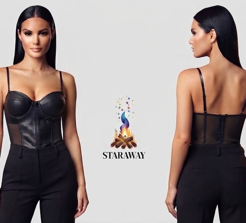 BLACK PERFORATED FAUX LEATHER AND MESH BUSTIER TOP - SIZE SMALL
