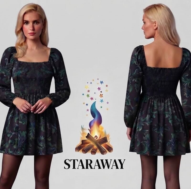 BLACK & TEAL BAROQUNT LONG - SLEEVE DRESS - SIZE SMALL