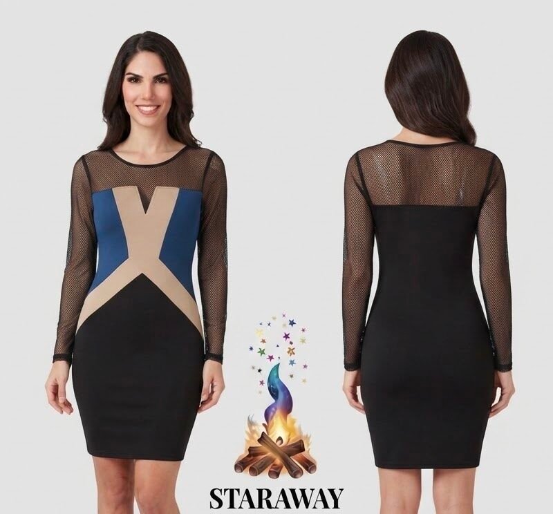 COLOR-BLOCK MESH LONG SLEEVE DRESS - SIZE SMALL