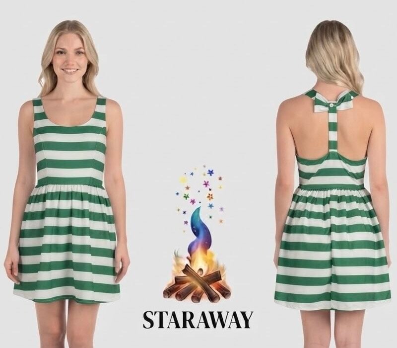 GREEN AND WHITE STRIPED FIT-AND-FLARE DRESS - SIZE SMALL