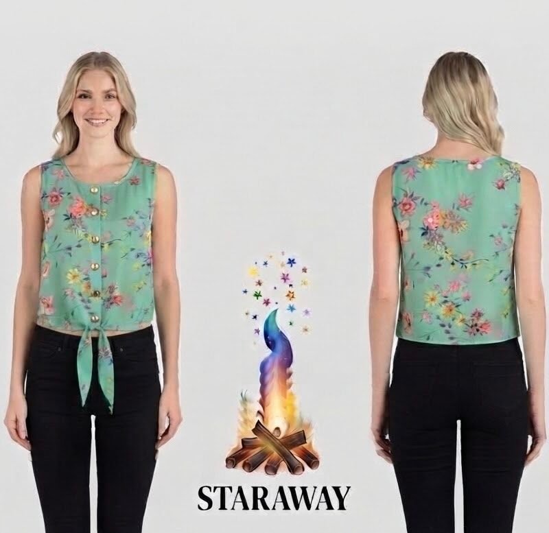 MINT GREEN FLORAL TIE-FRONT BLOUSE - SIZE SMALL