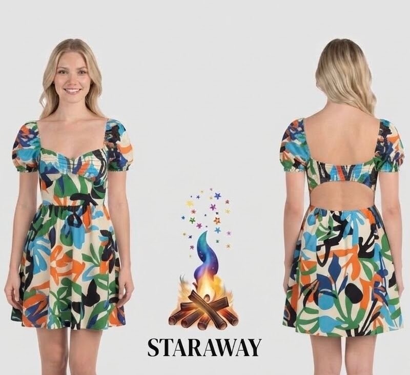MULTI-COLOR ABSTRACT FLORAL PUFF-SLEEVE DRESS - SIZE LARGE
