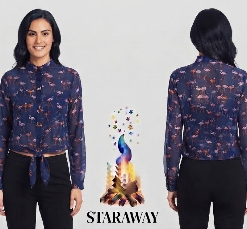 NAVY BLUE FLAMINGO PRINT BLOUSE - SIZE SMALL